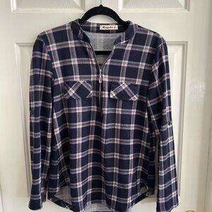 Navy Plaid Zip-Up Shirt